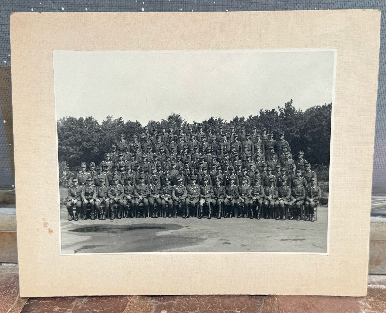 Z FACEBOOK AUCTION - Large German WW2 Photo - Combat Decorated Heer Officers + Enlisted Men in M43 Field Hats 1944 Hannover - START BID $5
