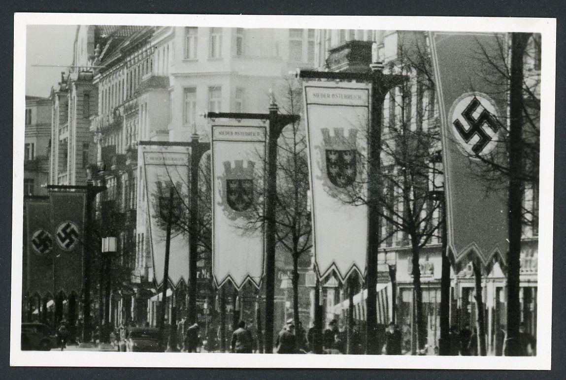 German Drittes Reich Postcard - Berlin East / West Axis - Massive Swallow Tail Swaz Flags &amp; Lower Austria Flags