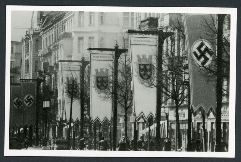 German Drittes Reich Postcard - Berlin East / West Axis - Massive Swallow Tail Swaz Flags &amp; Lower Austria Flags