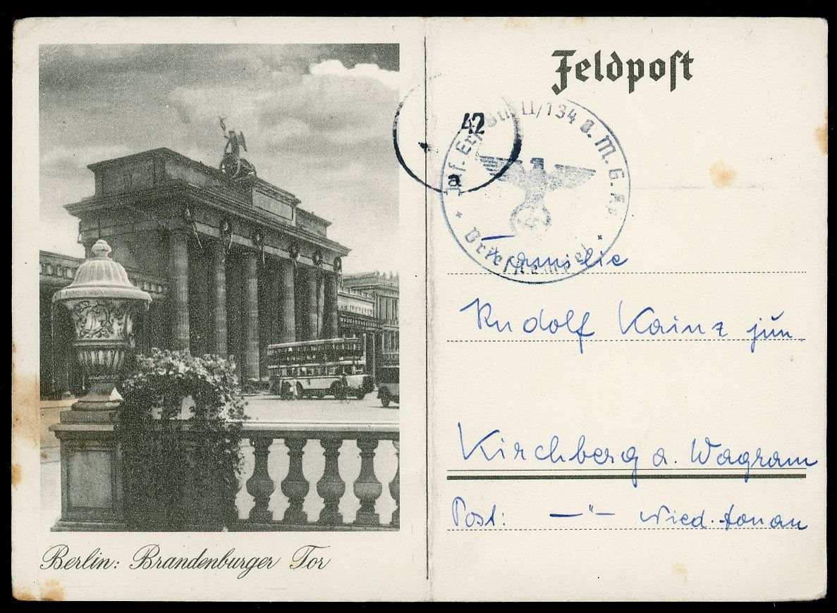 Z FACEBOOK AUCTION - German WW2 Feldpost Postcard Brandenburg Gate MG Unit Postmark War Year 1942, START BID $3