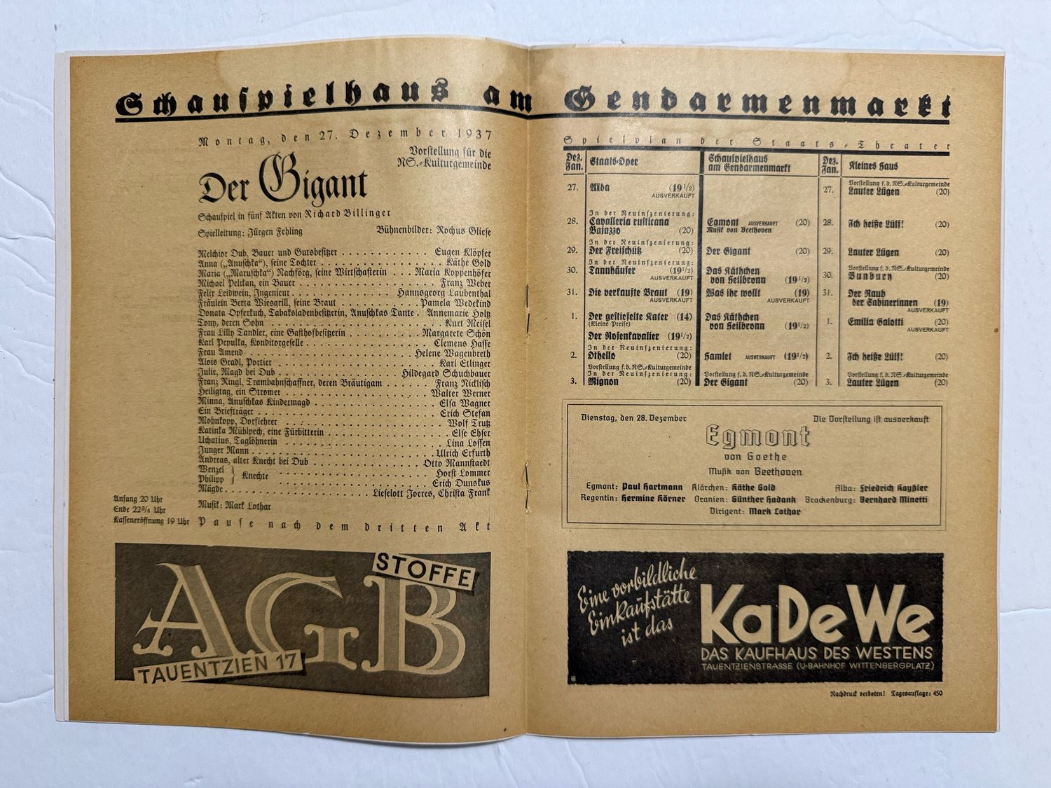 Z FACEBOOK AUCTION- German State Theater Playhouse Program, Large Eagle Swaz on Cover, December 27th 1937, Mercedes Benz Ad - STARTING BID $5