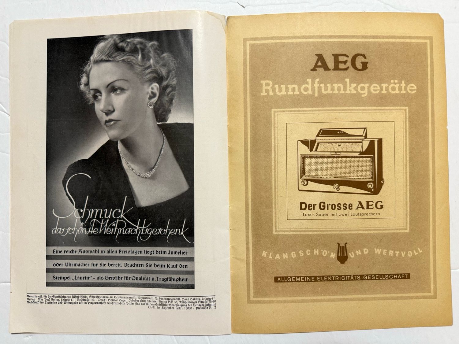 Z FACEBOOK AUCTION- German State Theater Playhouse Program, Large Eagle Swaz on Cover, December 27th 1937, Mercedes Benz Ad - STARTING BID $5