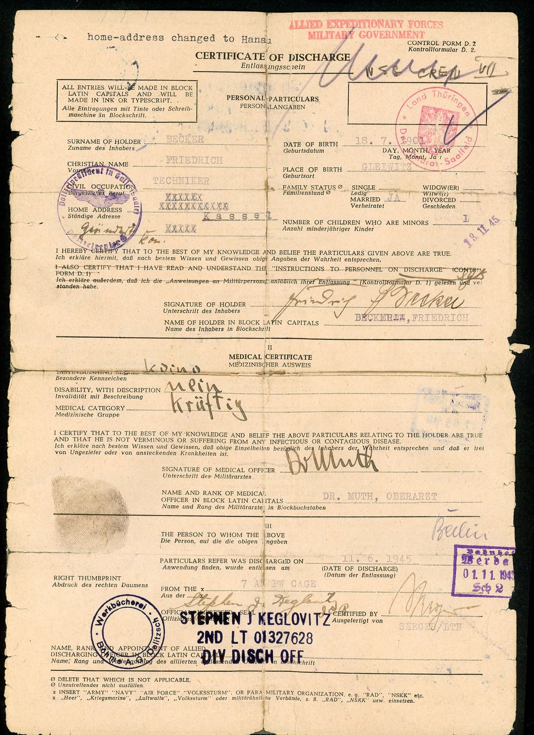 Z FACEBOOK AUCTION- German WW2 Soldier Discharge Document From Occupation Forces June 1945 - STARTING BID $5