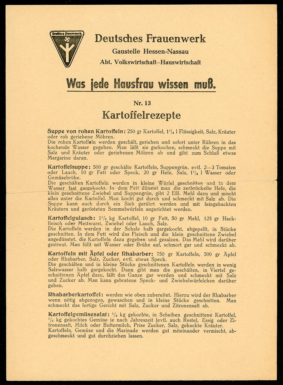 Z FACEBOOK AUCTION- Deutsches Frauenwerk Potato Recipes For Hausfrau, Unique Third Reich Item w/ DFW Logo - STARTING BID $3