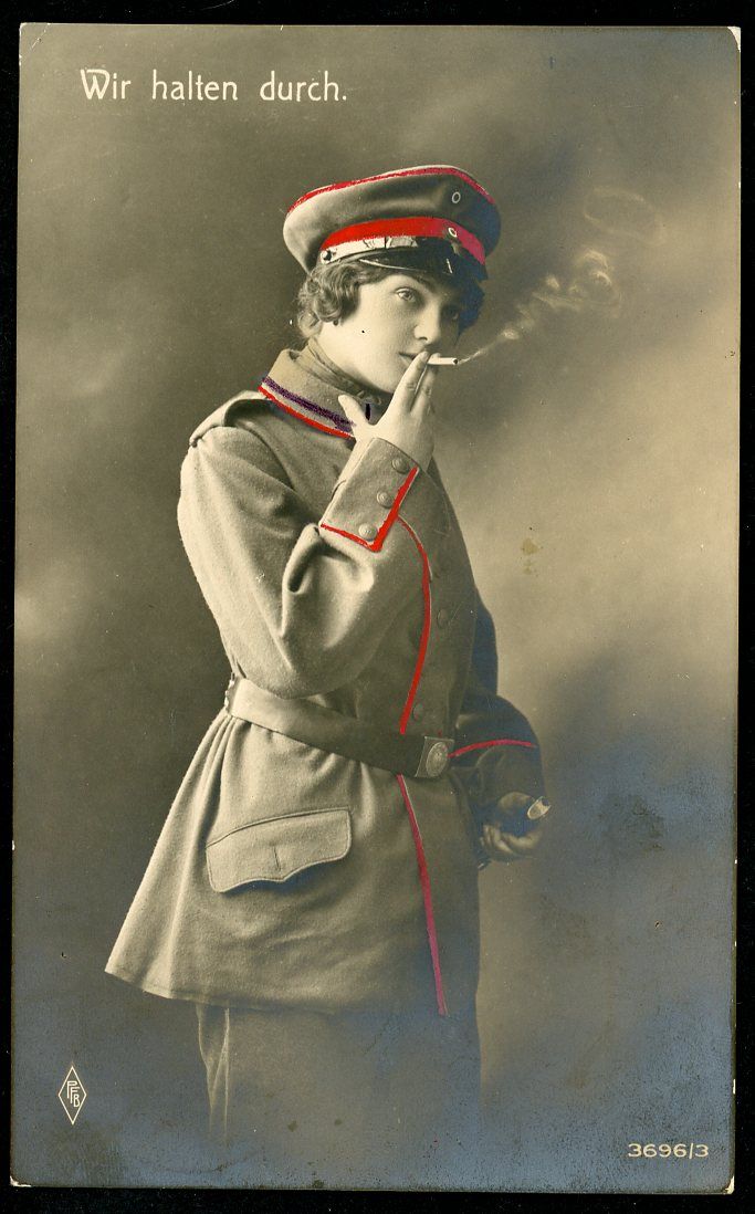 Z FB AUCTION - German WW1 Photo Postcard Fraulein Woman in Army Uniform Smoking Cigarette, Hand Colored Artillery Piping Accents