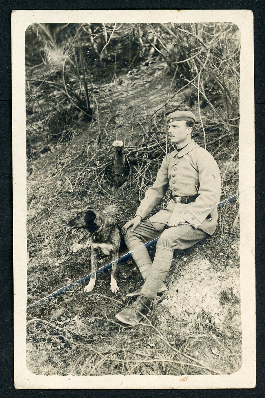 Z FB AUCTION - German WW1 Photo Signal Soldat + Dog, Blitz Arm Patch Trench Leggings EK2