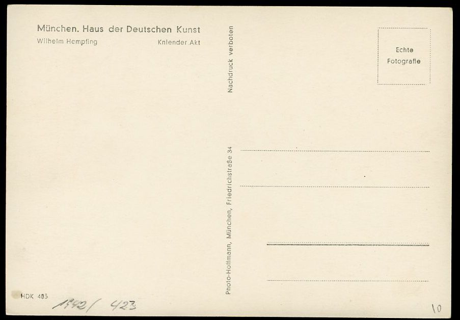 Z FACEBOOK AUCTION - German WW2 Postcard Munich Haus der Deutschen Kunst, Full Nude Woman - STARTING BID $5