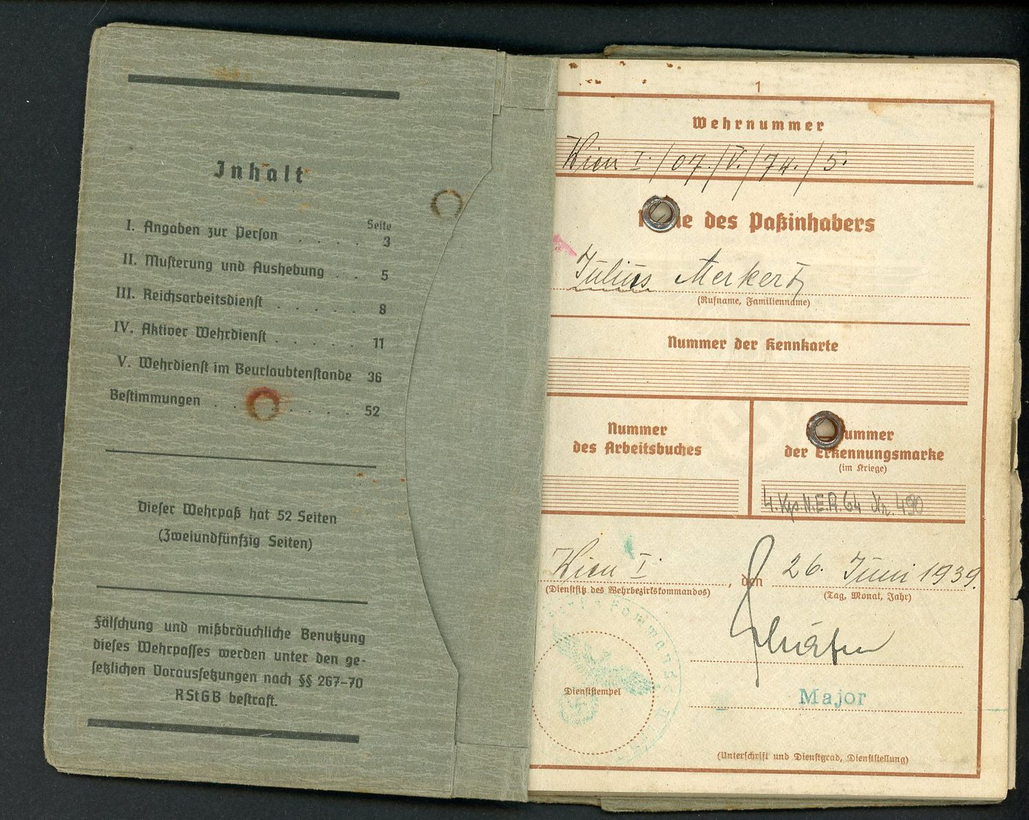 Z FACEBOOK AUCTION - German WW2 Wehrpass with Many Entries + Third Reich Pension Card Ausweis fur Empfanger - STARTING BID $35 *