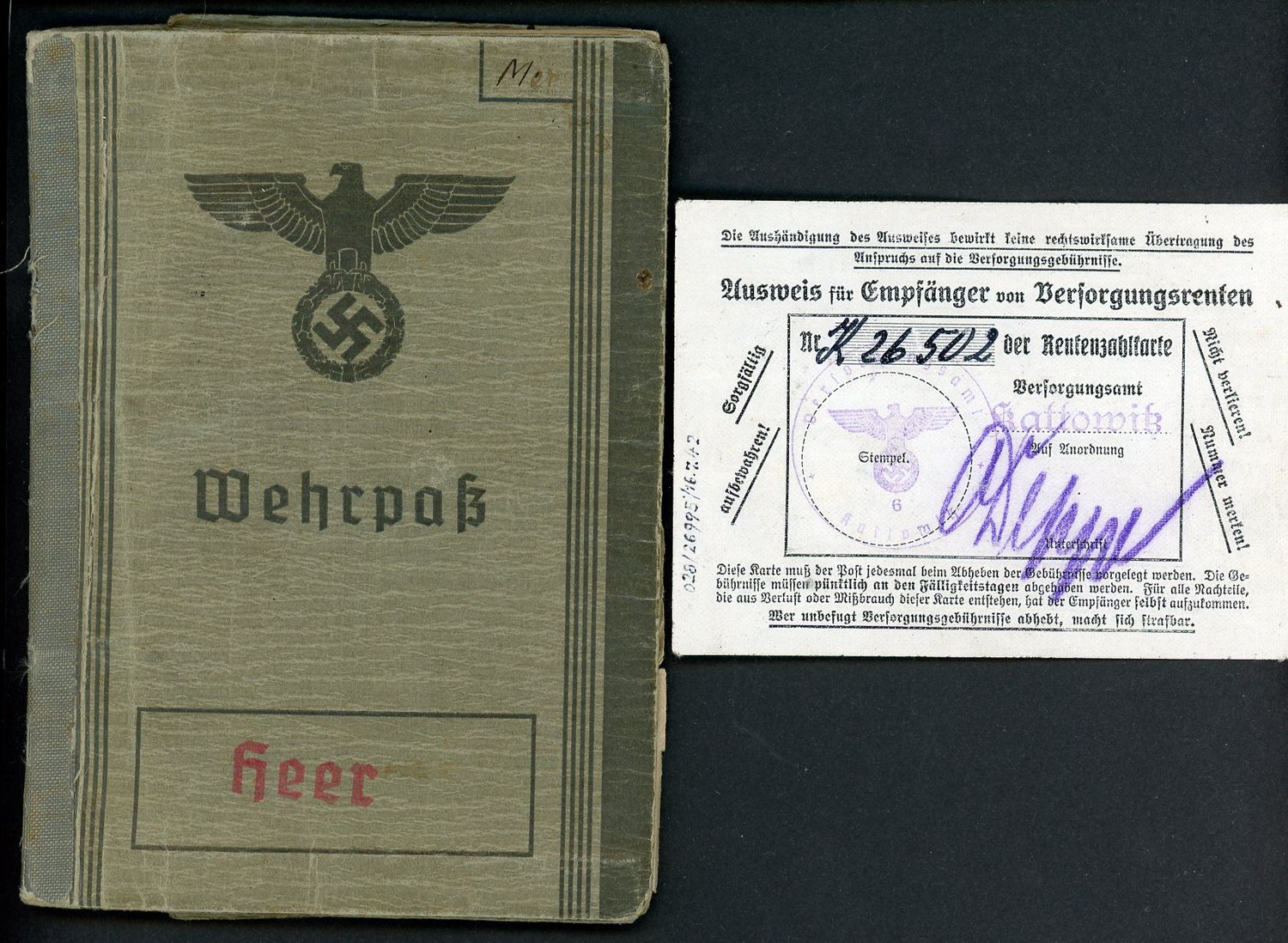 Z FACEBOOK AUCTION - German WW2 Wehrpass with Many Entries + Third Reich Pension Card Ausweis fur Empfanger - STARTING BID $35 *