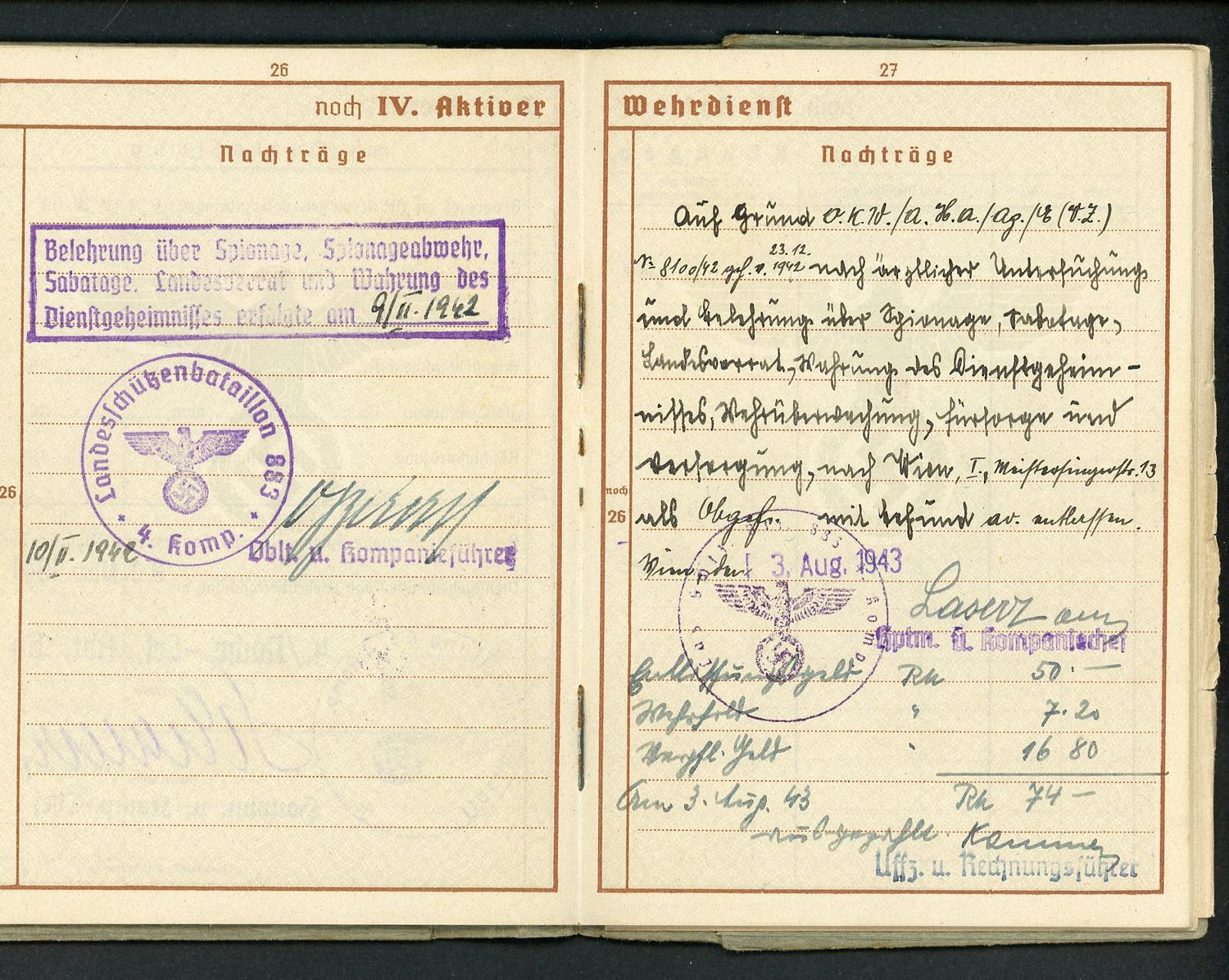 Z FACEBOOK AUCTION - German WW2 Wehrpass with Many Entries + Third Reich Pension Card Ausweis fur Empfanger - STARTING BID $35 *