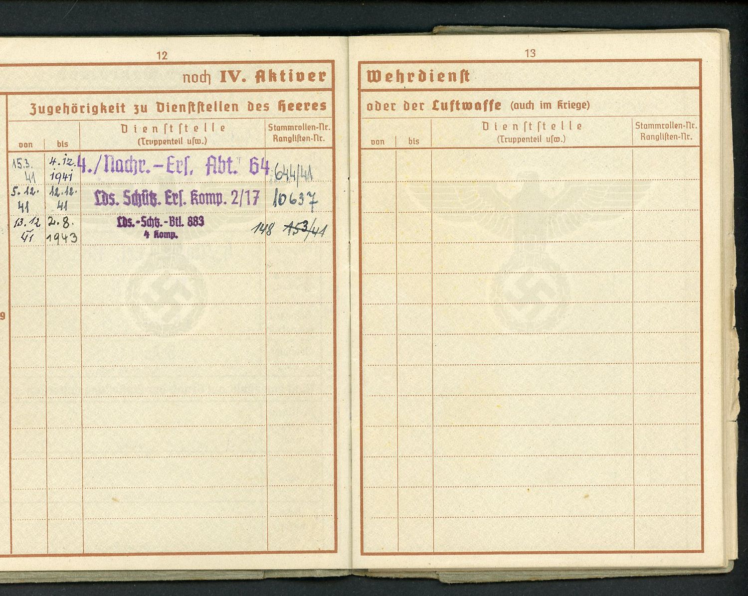 Z FACEBOOK AUCTION - German WW2 Wehrpass with Many Entries + Third Reich Pension Card Ausweis fur Empfanger - STARTING BID $35 *