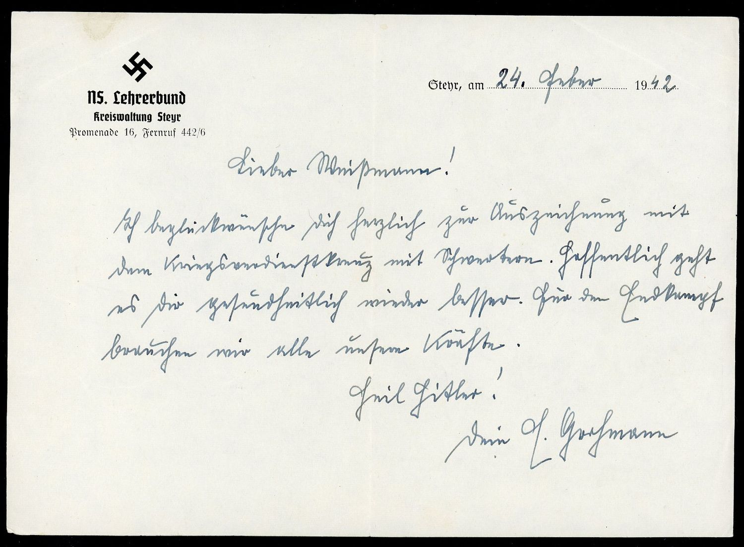 Z FACEBOOK AUCTION - German WW2 Document NS Teachers Union Congratulations To Soldier Awarded War Merit Cross w/ Swords 1942  - STARTING BID $5
