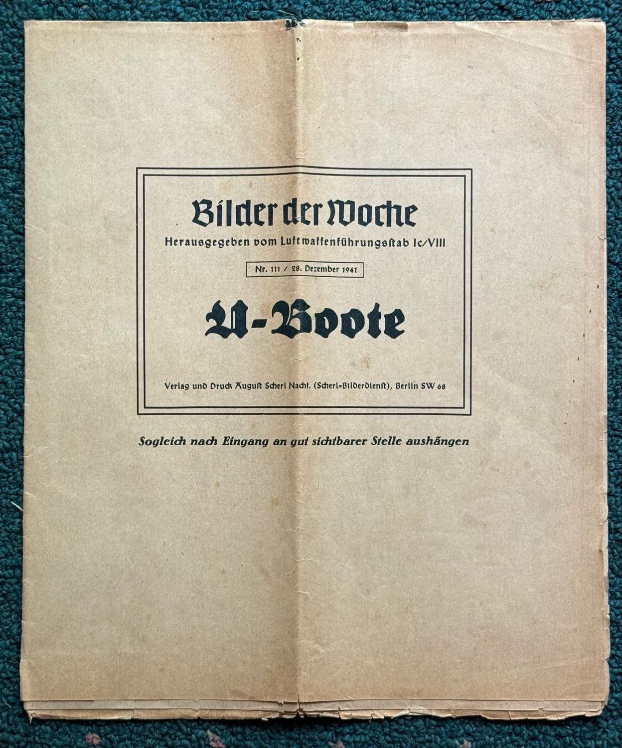 Z FACEBOOK AUCTION - German WW2 Large Poster For Kriegsmarine U-Boat Service December 1941 Bilder der Woche by Luftwaffe Command