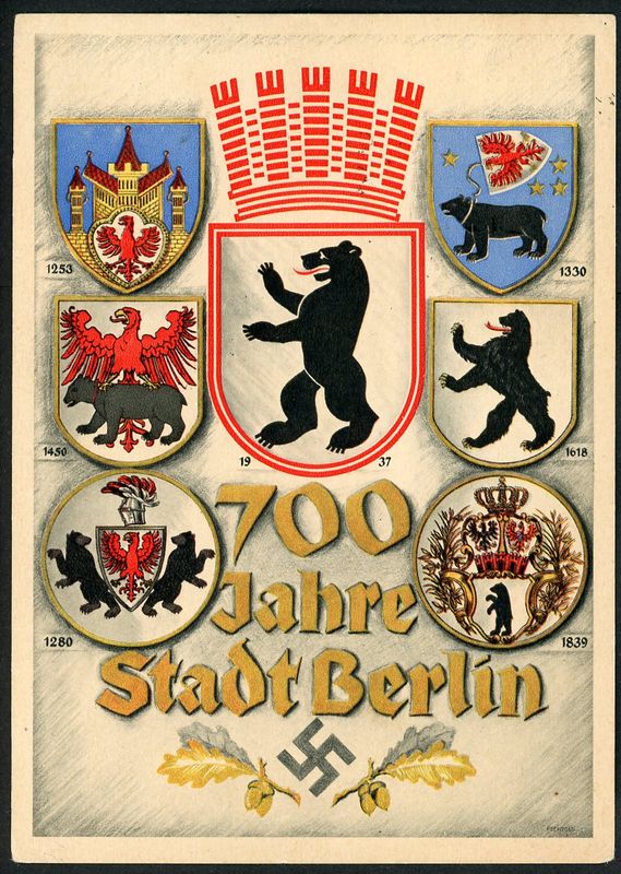 German Third Reich Postcard 700 Year Berlin Celebration, Swaz + Adolf Postage Stamp 1937