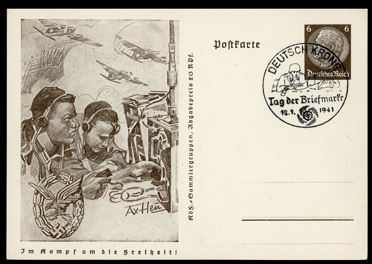 German WW2 Postcard Luftwaffe Radio Operators, Wireless/Air Gunner Badge, Swaz, Tag der Briefmarke 1941