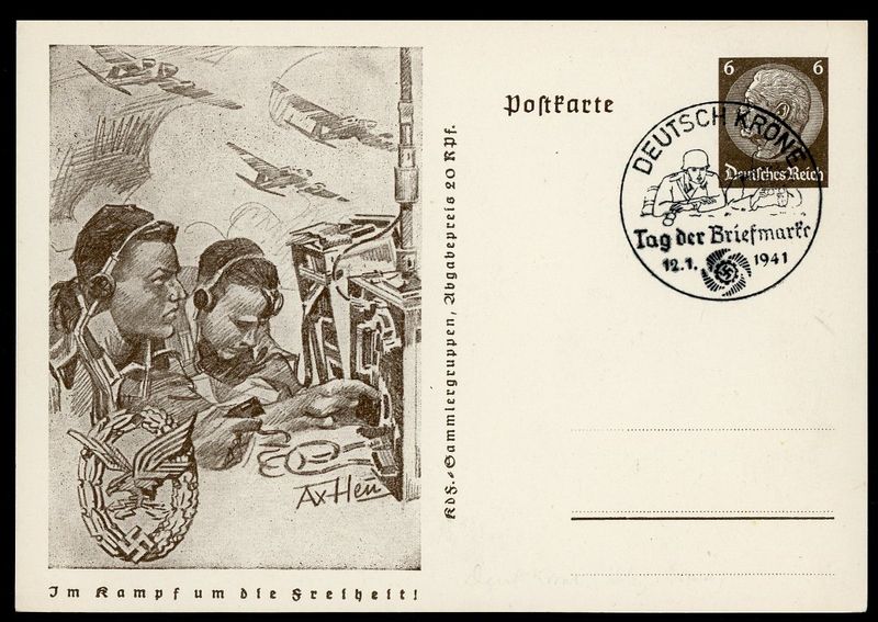 German WW2 Postcard Luftwaffe Radio Operators, Wireless/Air Gunner Badge, Swaz, Tag der Briefmarke 1941