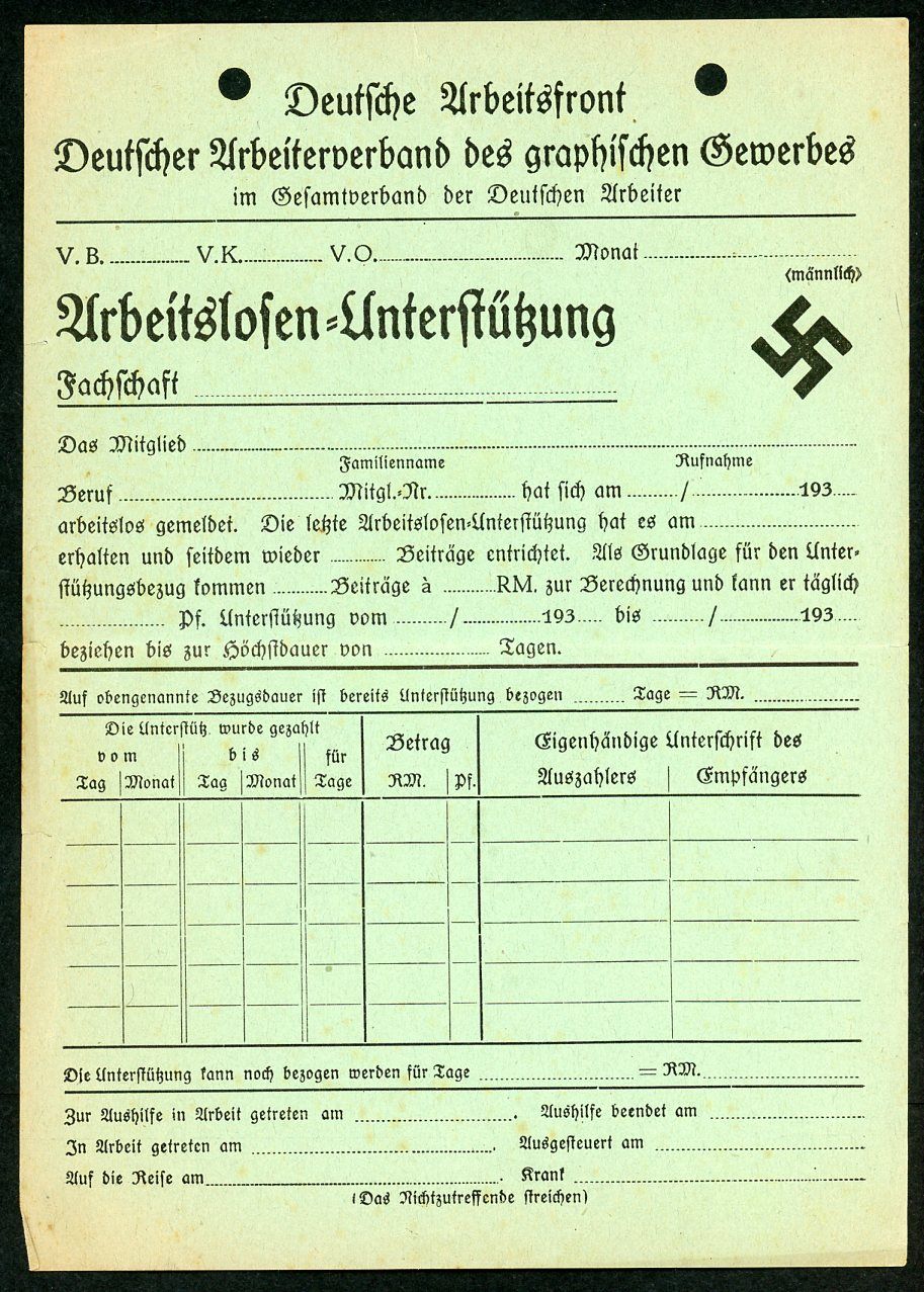 Z FACEBOOK AUCTION - Third Reich German DAF Unemployment Benefit Document 1930s with SWAZ, Deutsche Arbeitsfront