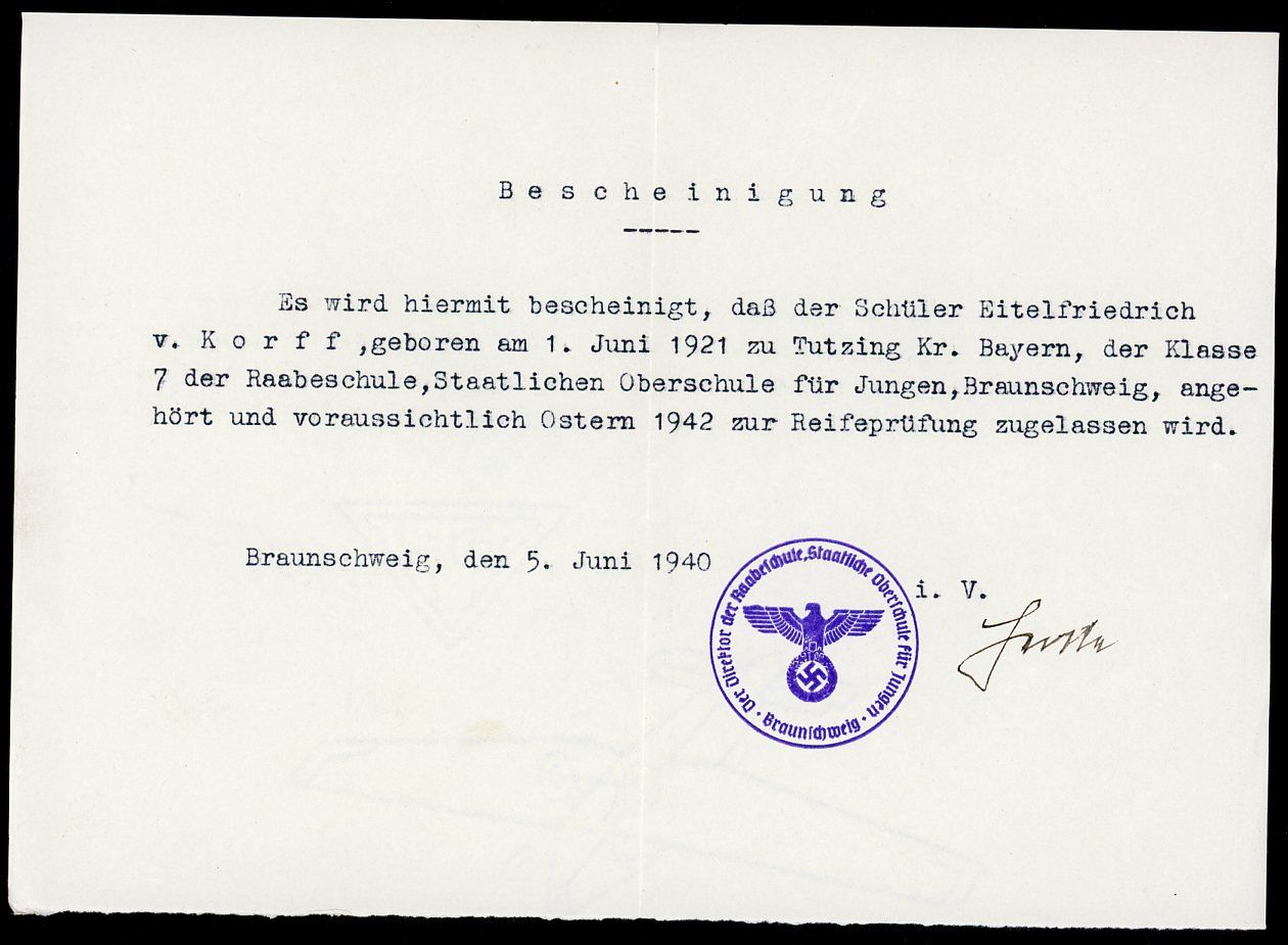 Z FACEBOOK AUCTION - German Third Reich School Certification Letter From 1940 EXCELLENT Eagle/Swaz Ink Stamp!