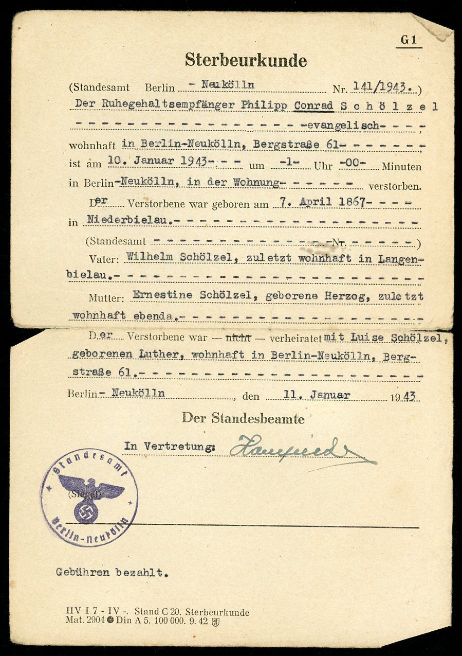 Z FACEBOOK AUCTION - German Third Reich Death Certificate For Old Man, Standesamt Berlin Eagle Swaz Ink Stamp 1943