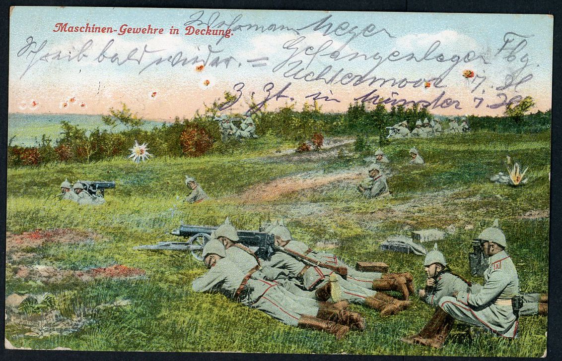 Z FACEBOOK AUCTION - German WW1 Postcard - MG-08 Machine Gun Crews In Battle Spike Helmets Air Explosions 1915