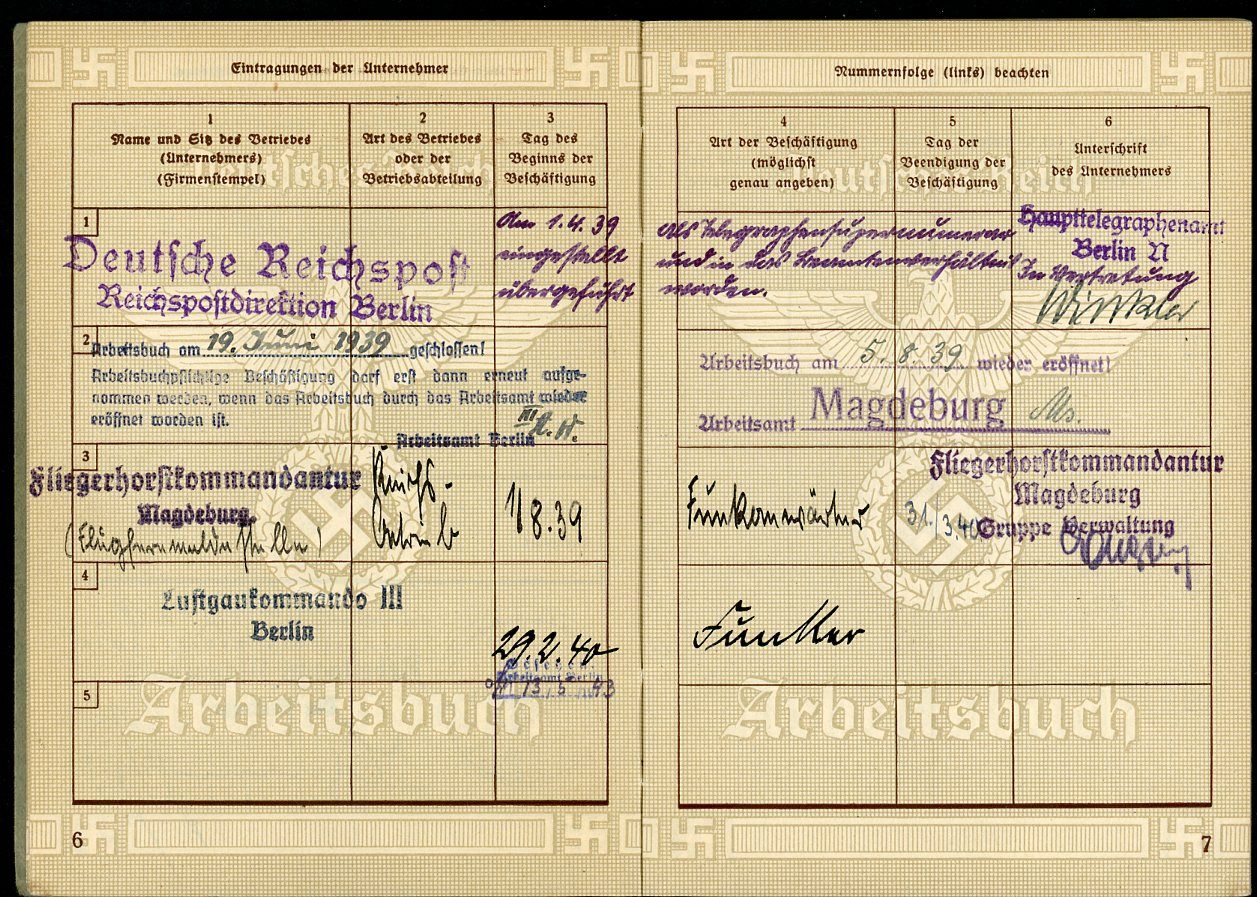 Z FACEBOOK AUCTION - German WW2 Arbeitsbuch 2nd Pattern Deutsche Reichspost + Air Command Jobs
