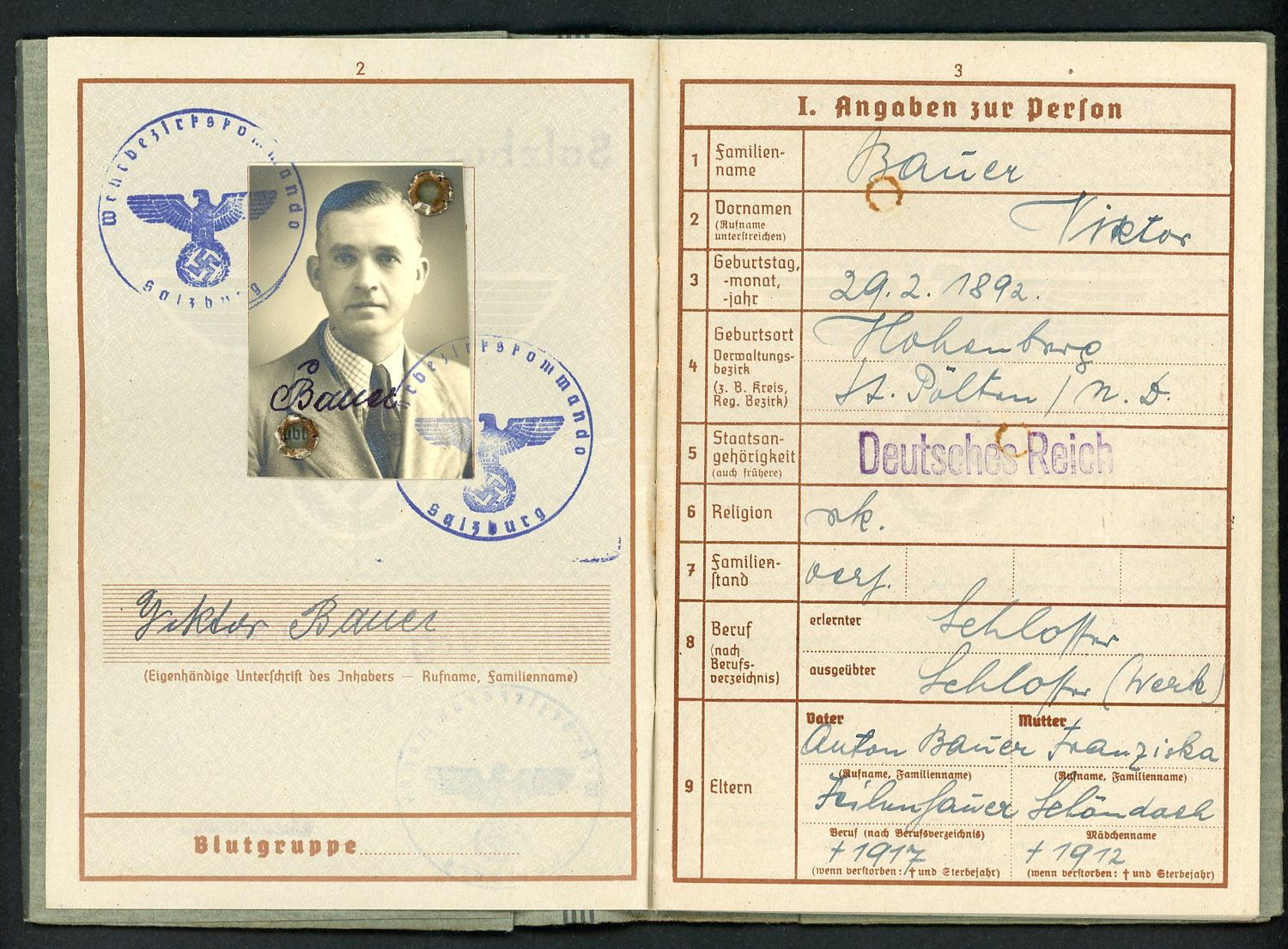 FACEBOOK AUCTION - German WW2 Wehrpass 2nd Pattern Austrian Viktor Bauer *