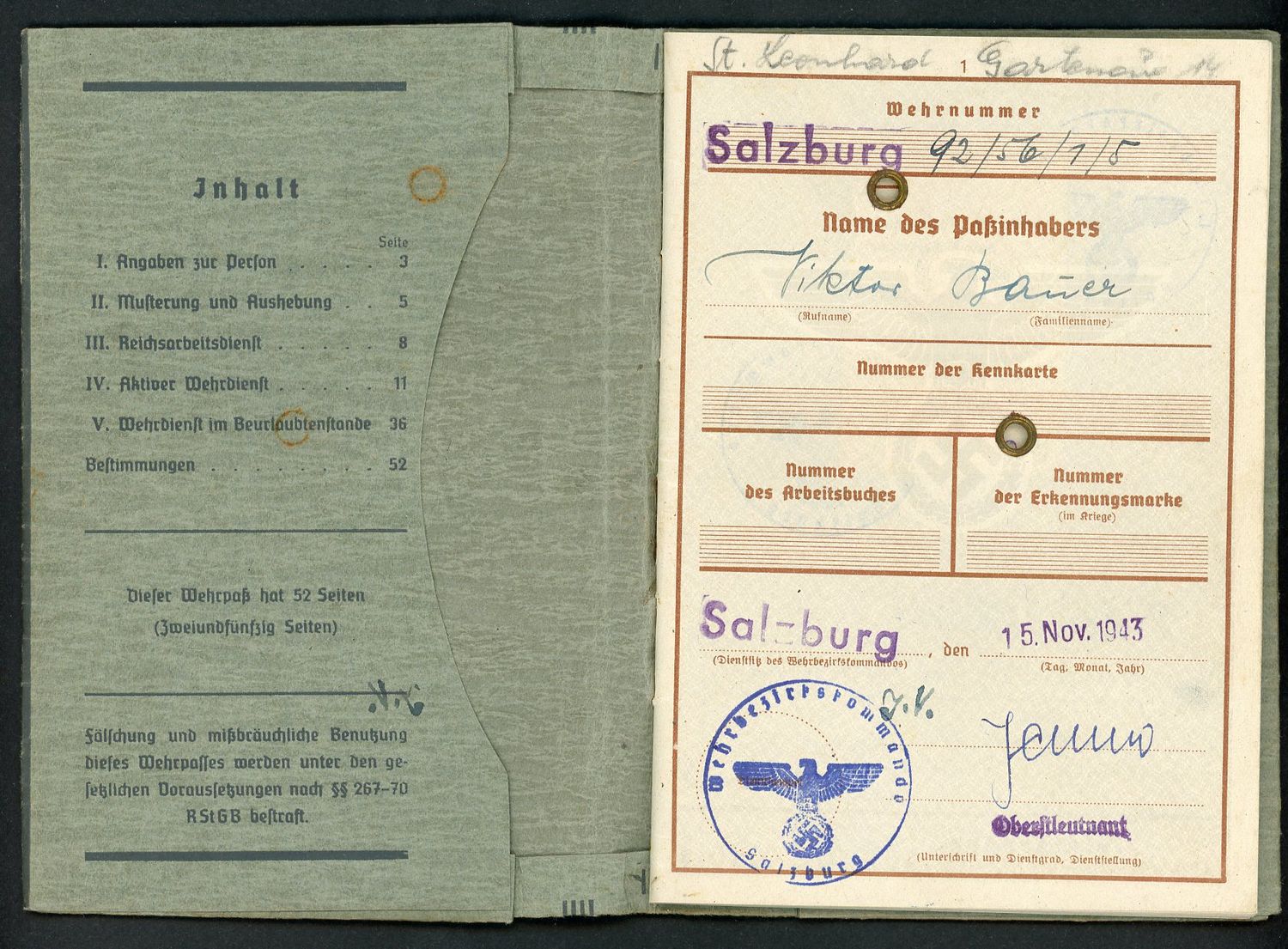 FACEBOOK AUCTION - German WW2 Wehrpass 2nd Pattern Austrian Viktor Bauer *