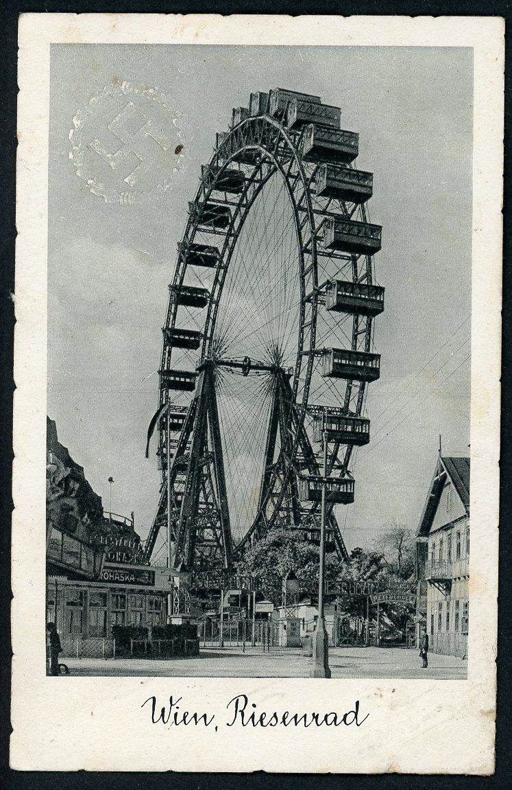 FACEBOOK AUCTION - Third Reich Postcard Vienna Ferris Wheel Embossed Swaz &amp; Wreath 1938