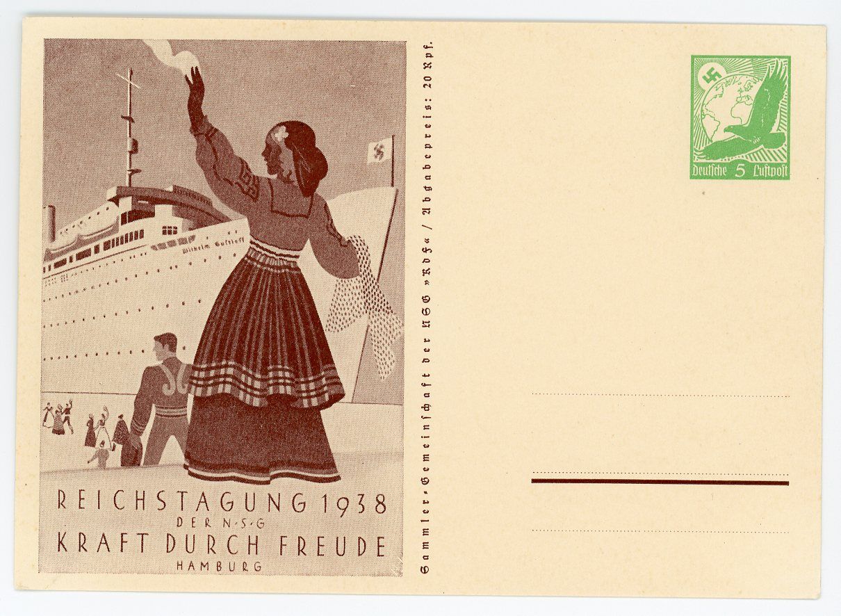 FACEBOOK AUCTION - German WW2 Postcard KDF Cruise Ship Hamburg Swaz Stamp Kraft Durche Freude