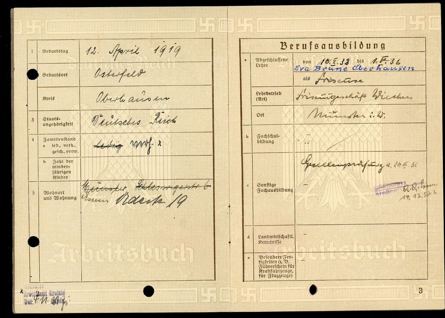 FACEBOOK AUCTION - German WW2 Arbeitsbuch For Woman Hairdresser, Salon Work, Eva Brune Hairdressing School 1936 - 1939 *