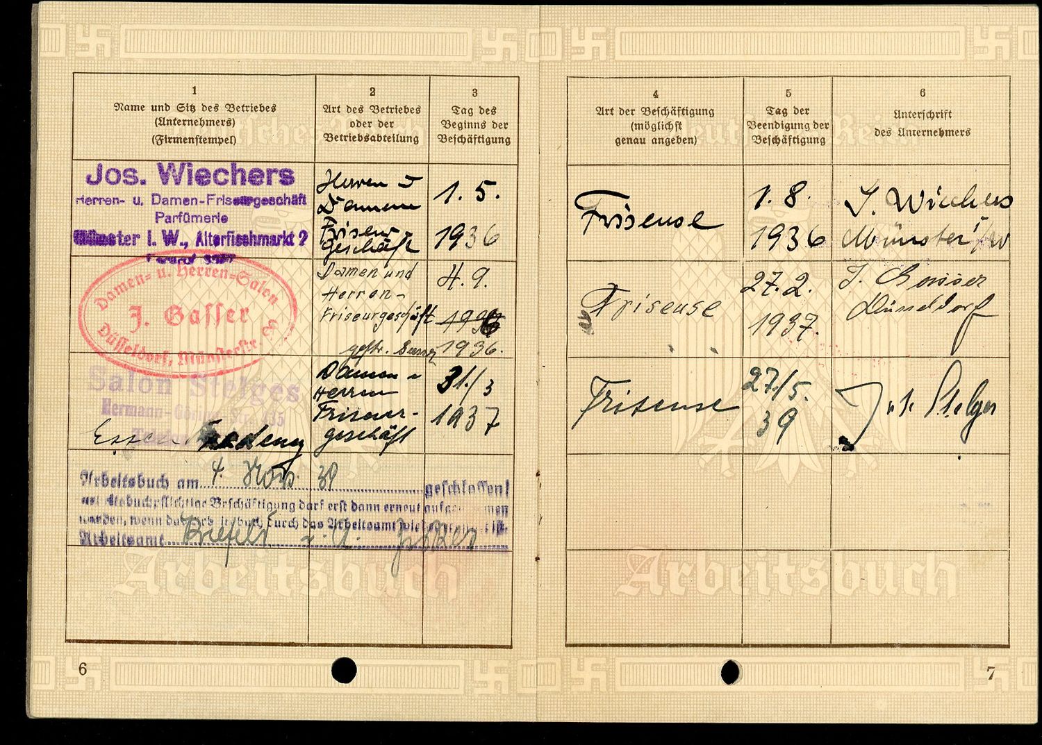 FACEBOOK AUCTION - German WW2 Arbeitsbuch For Woman Hairdresser, Salon Work, Eva Brune Hairdressing School 1936 - 1939 *