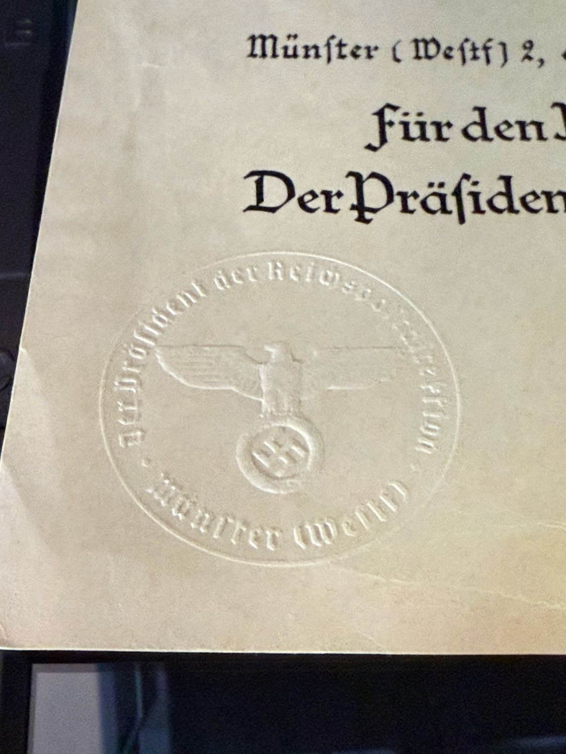 FACEBOOK AUCTION - German WW2 Deutsche Reichspost Retirement Certificate In Nahmen des Fuhrers und Reichskanzlers, 1944, raised embossed DRP Seal w/ Eagle Swaz + Ink Signature