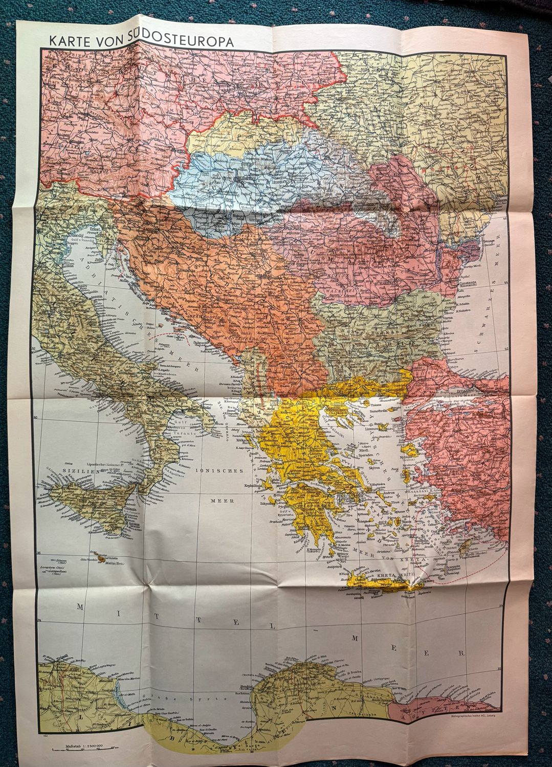 FACEBOOK AUCTION - Large Wehrmacht Map For Southeastern Europe Schlag Nach Uber Den Sudosten, For Military Use Only From Wehrmacht High Command 1941, Almost 28&quot; x 40&quot;