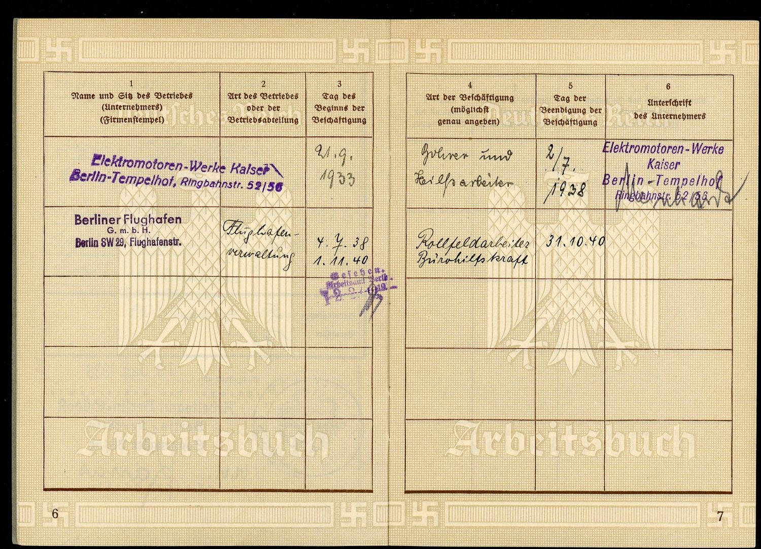 FACEBOOK AUCTION - German WW2 Arbeitsbuch For Berlin Worker Elektromotoren Werke + Berliner Flughafen