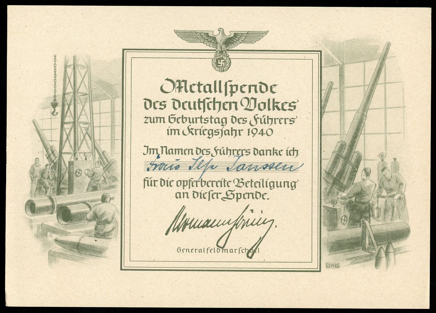FACEBOOK AUCTION - German WW2 Document Honoring Person Who Donated Steel For The War Effort in 1940 Metallspende des Deutschen Volkes, Eagle/Swaz, General Feldmarschall Signature