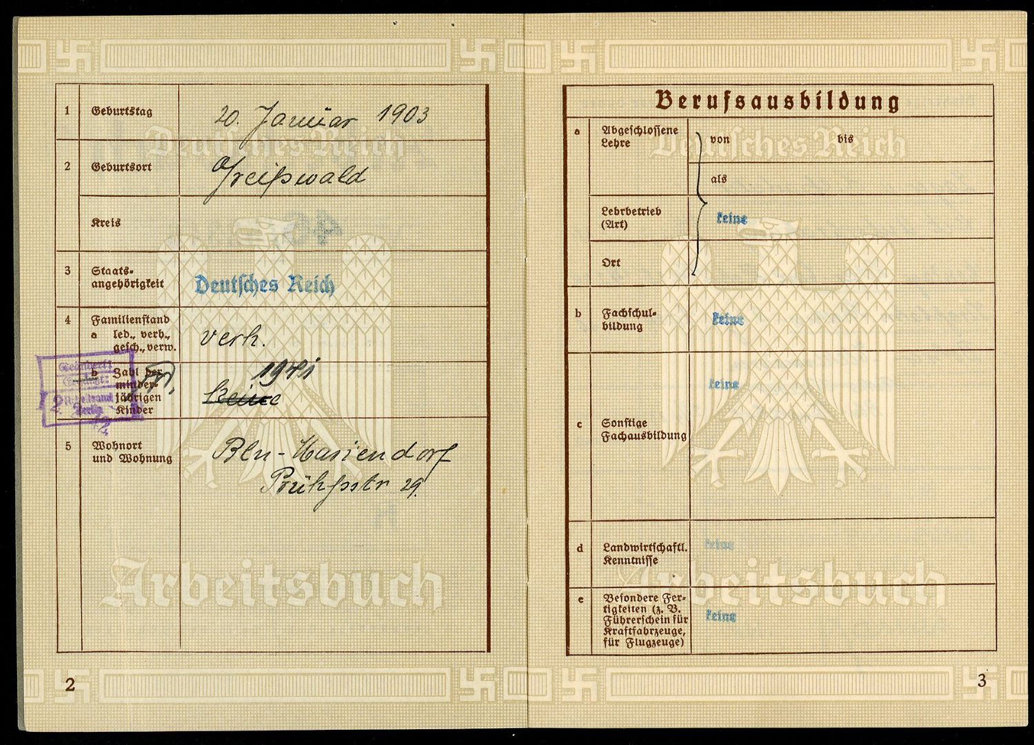 FACEBOOK AUCTION - German WW2 Arbeitsbuch For Berlin Worker Elektromotoren Werke + Berliner Flughafen