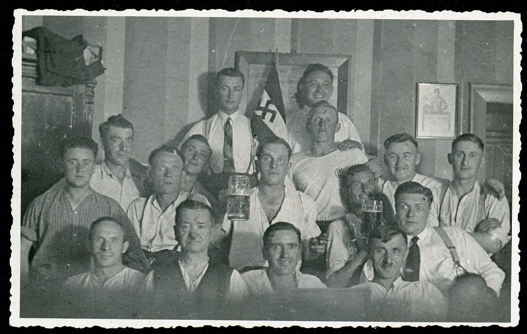 FACEBOOK AUCTION - German Photo of Early Nazzeees with Swaz Pennant Flag and Huge Mugs of Beer!