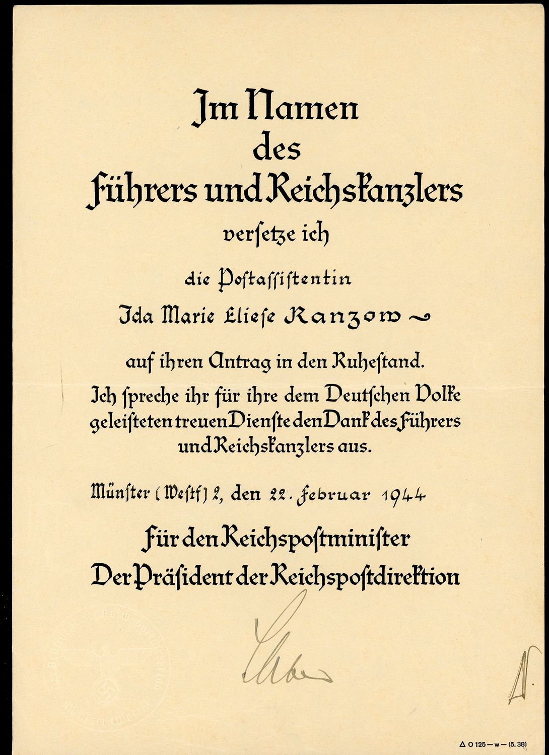 FACEBOOK AUCTION - German WW2 Deutsche Reichspost Retirement Certificate In Nahmen des Fuhrers und Reichskanzlers, 1944, raised embossed DRP Seal w/ Eagle Swaz + Ink Signature