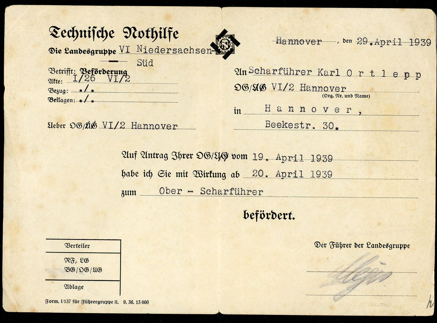 FACEBOOK AUCTION - Rare German TENO Document Promoting a Scharfuhrer to Ober-Scharfuhrer, Hannover 1939