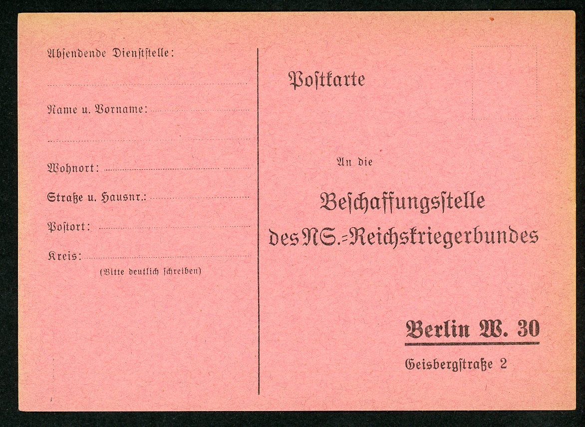 FACEBOOK AUCTION - Third Reich German NSRKB Magazine Subscription Postcard For Reichskriegerbund Magazine Veteran&#39;s Organization