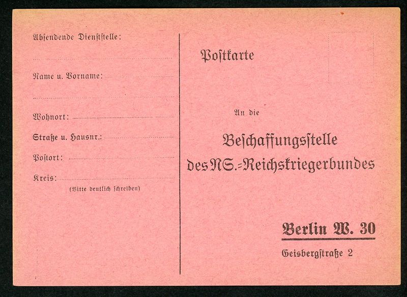 Third Reich German NSRKB Magazine Subscription Postcard For Reichskriegerbund Magazine Veteran&#39;s Organization