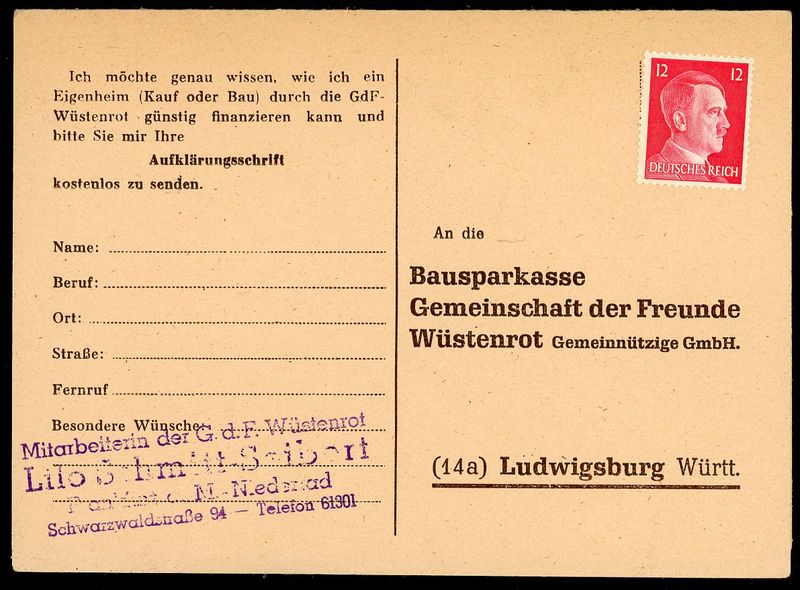 German Postcard Mailer Home Financing In The Reich Adolf H!tler Postage Stamp