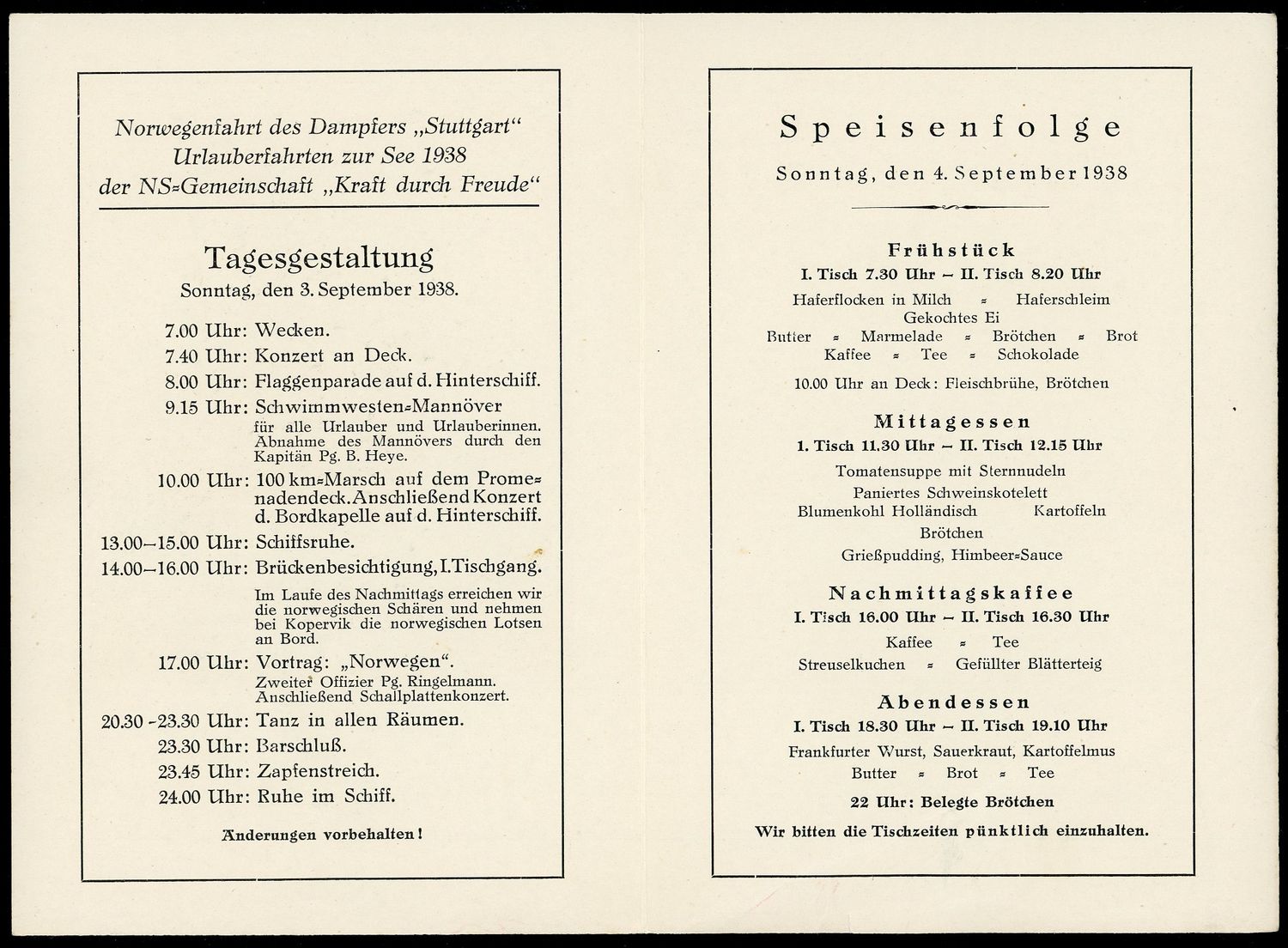 FACEBOOK AUCTION - German KDF Ship Stuttgart On Board Daily Program and Menu, Kraft Durch Freude Norddeutscher Lloyd Bremen 1938 *