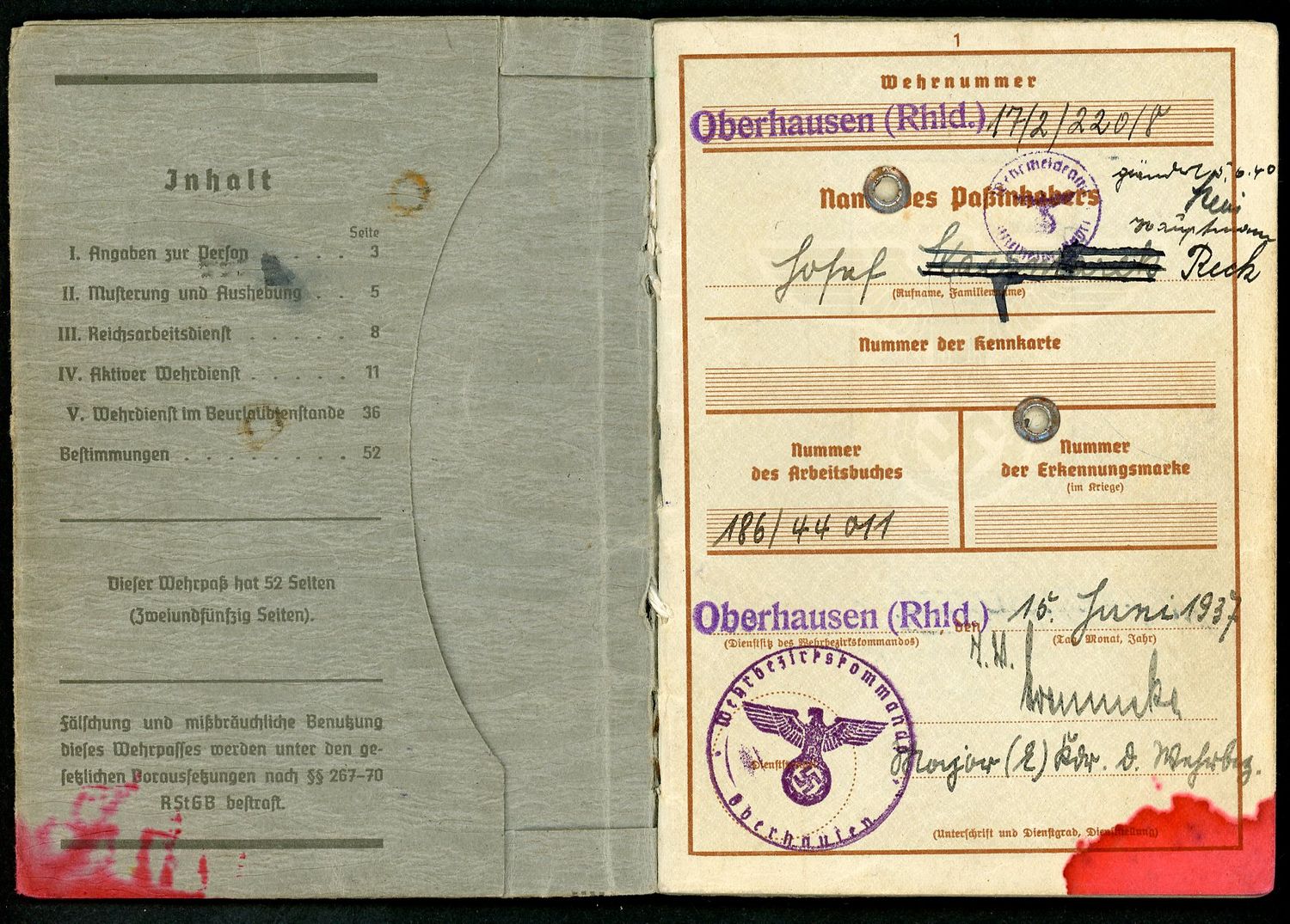 FACEBOOK AUCTION - German WW2 Wehrpass Festung Flak Abteilung 33, RAD Service, Marked By Allies As Not Considered A Prisoner of War, Many Entries *