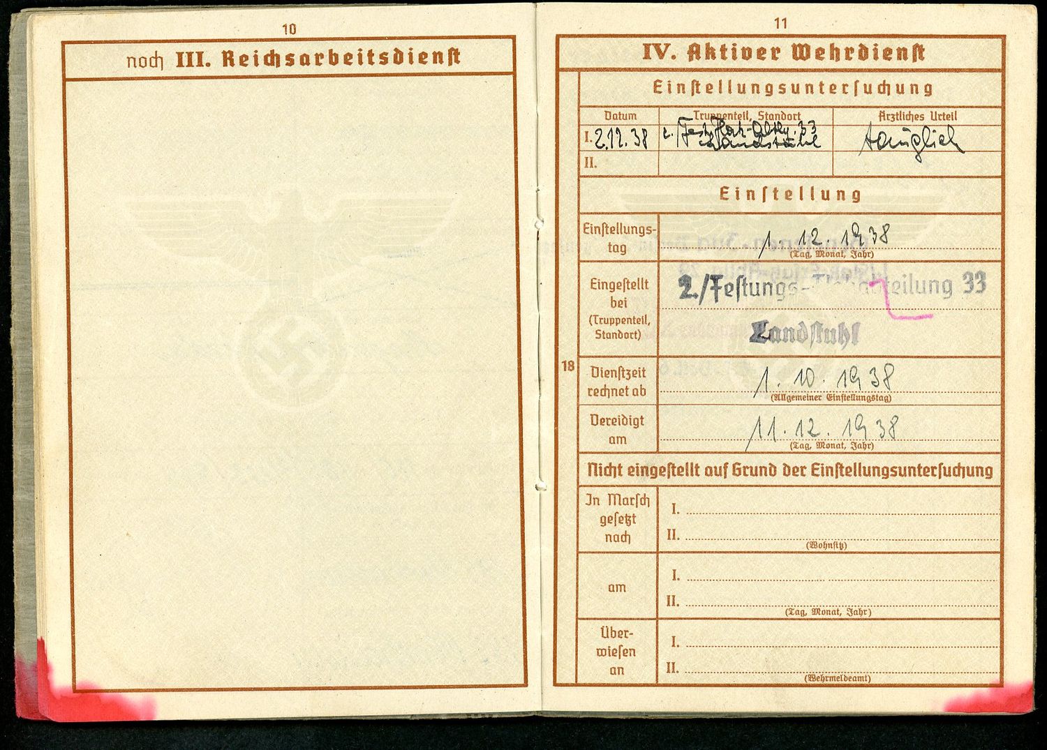 FACEBOOK AUCTION - German WW2 Wehrpass Festung Flak Abteilung 33, RAD Service, Marked By Allies As Not Considered A Prisoner of War, Many Entries *