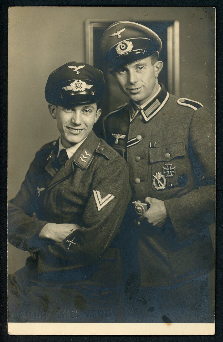 FACEBOOK AUCTION - German WW2 Portrait Photo Named Soldier Brothers EK1 EK2 Infantry Assault, Wound Badges, HJ Badge, Luftwaffe Armorer Patch War Year 1944