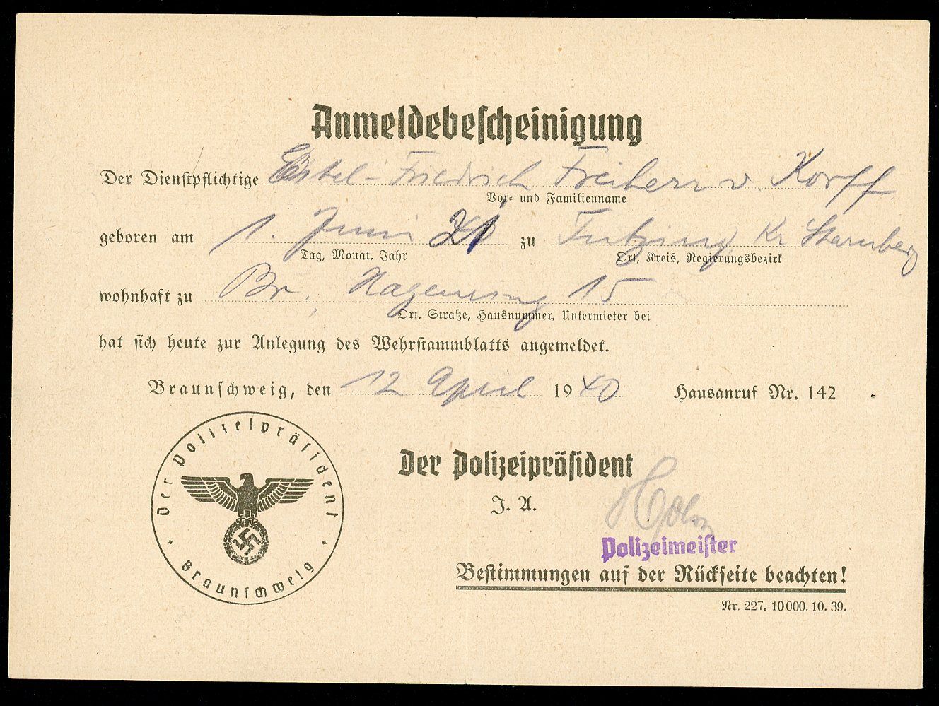 FACEBOOK AUCTION - German WW2 Conscript Registration Document For 18 Year Old Baron von Korff 1940 - Polizei Document