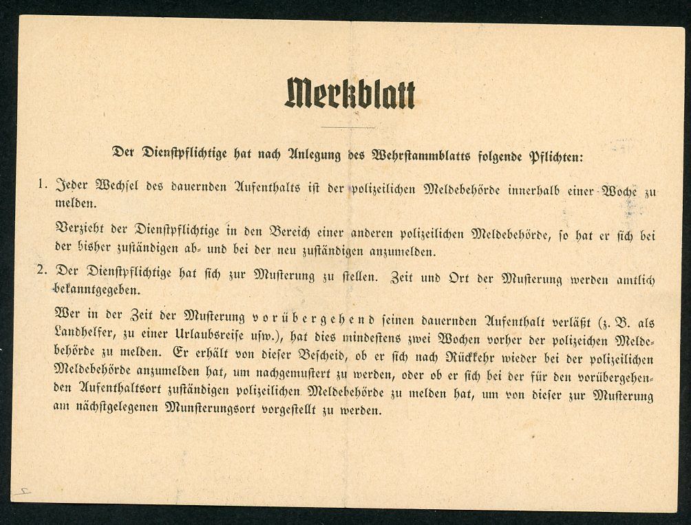 FACEBOOK AUCTION - German WW2 Conscript Registration Document For 18 Year Old Baron von Korff 1940 - Polizei Document