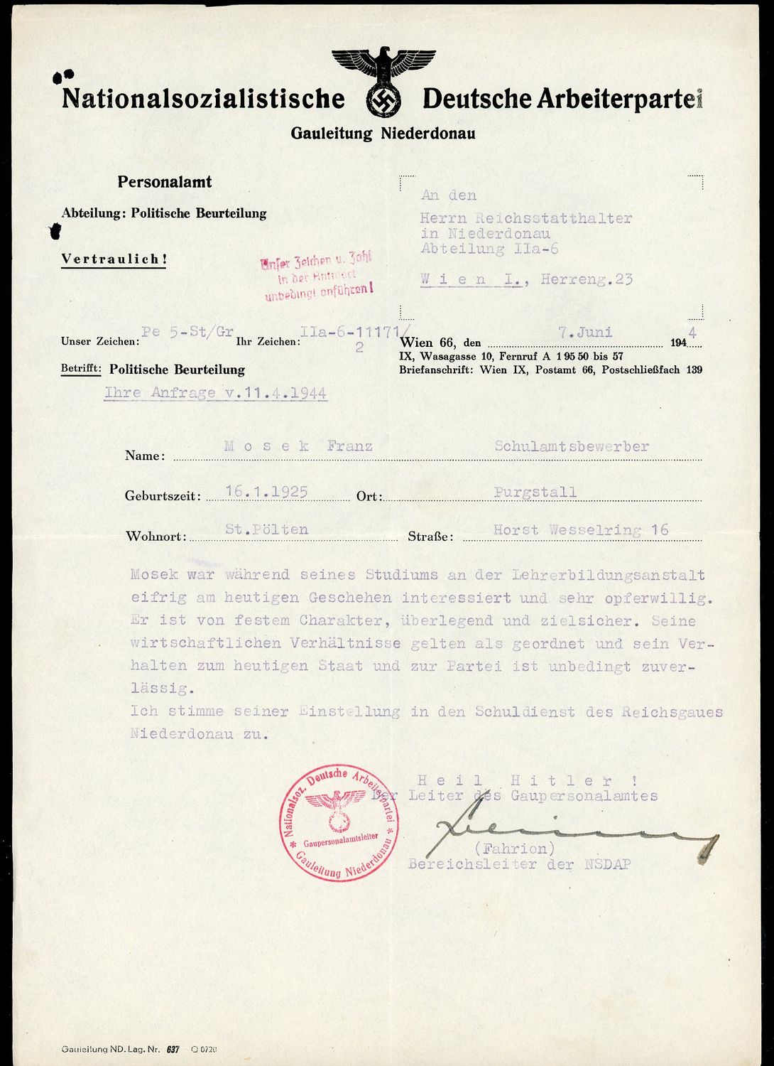 FACEBOOK AUCTION - German NSDAP Official Document - Political Assessment For Teacher - Gauleitung Niederdonau 1944