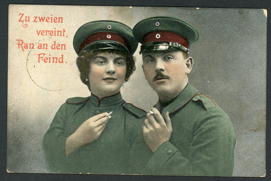 FACEBOOK AUCTION - German WW1 Photo Postcard Fraulein Woman Soldier + Male Soldier Both Smoking Cigarettes &quot;United In Pairs, Attack The Enemy&quot;